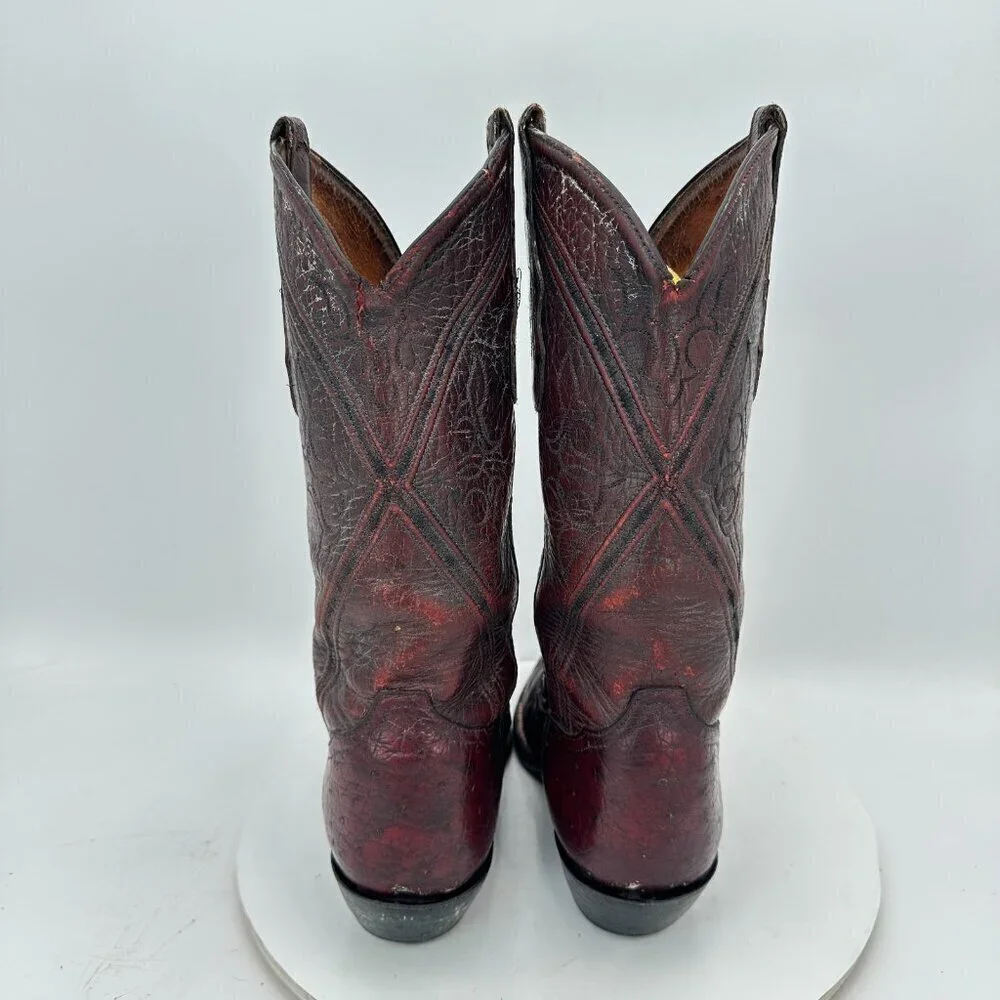 Tony Lama Men Size 7D Burgundy Full Quill Ostrich Leather Pull On Western Boot